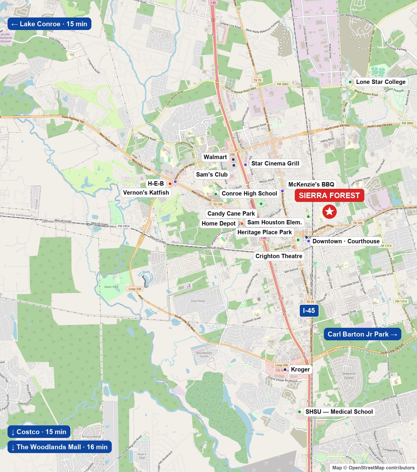 Location map — Sierra Forest with nearby stores, schools, universities, I-45 and Lake Conroe
