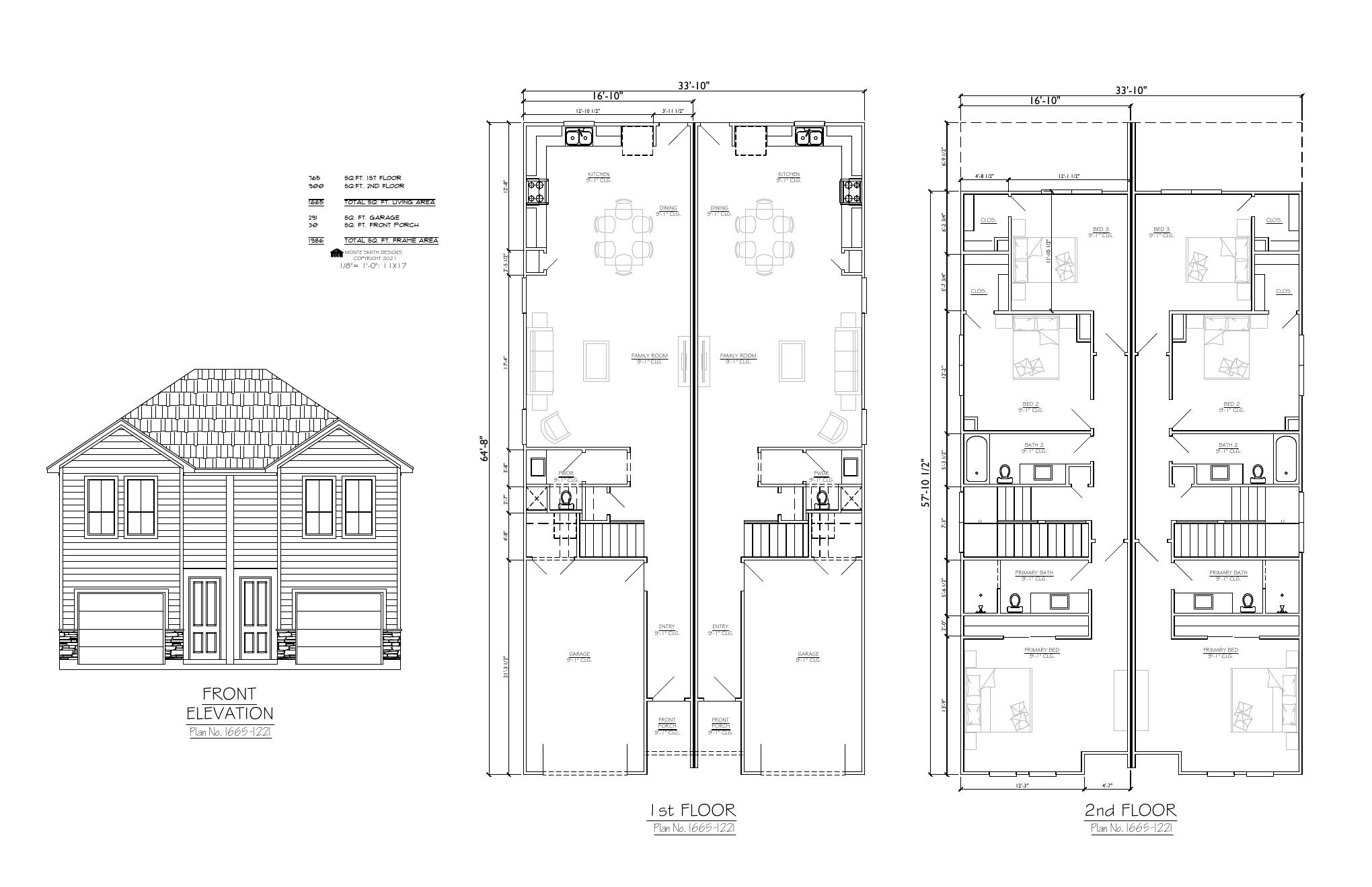 Preliminary duplex design — front elevation and floor plans