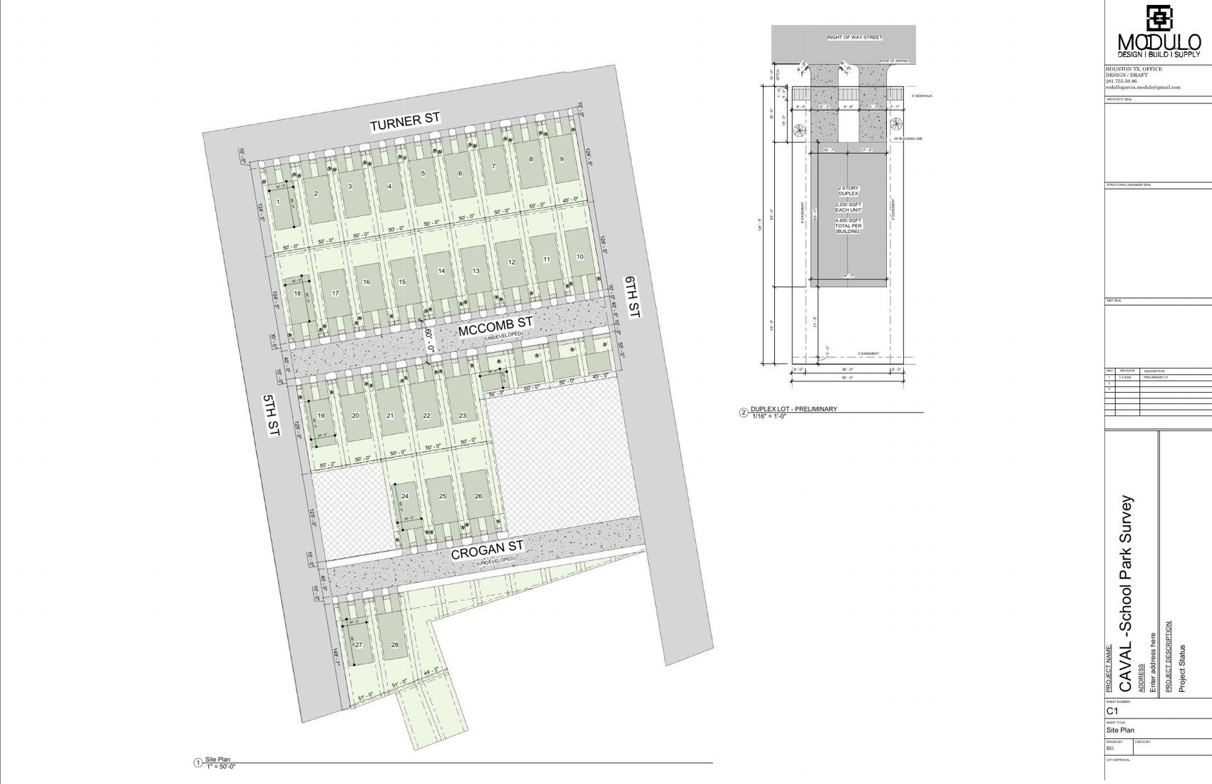 Latest preliminary site plan — July 2026, 28 duplex lots shown