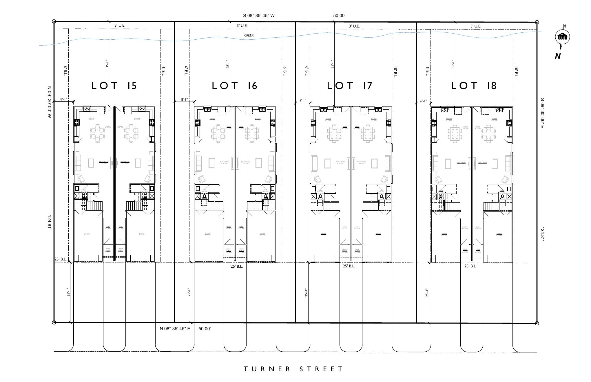 Preliminary plot plan — duplexes sited on Turner Street lots 15-18